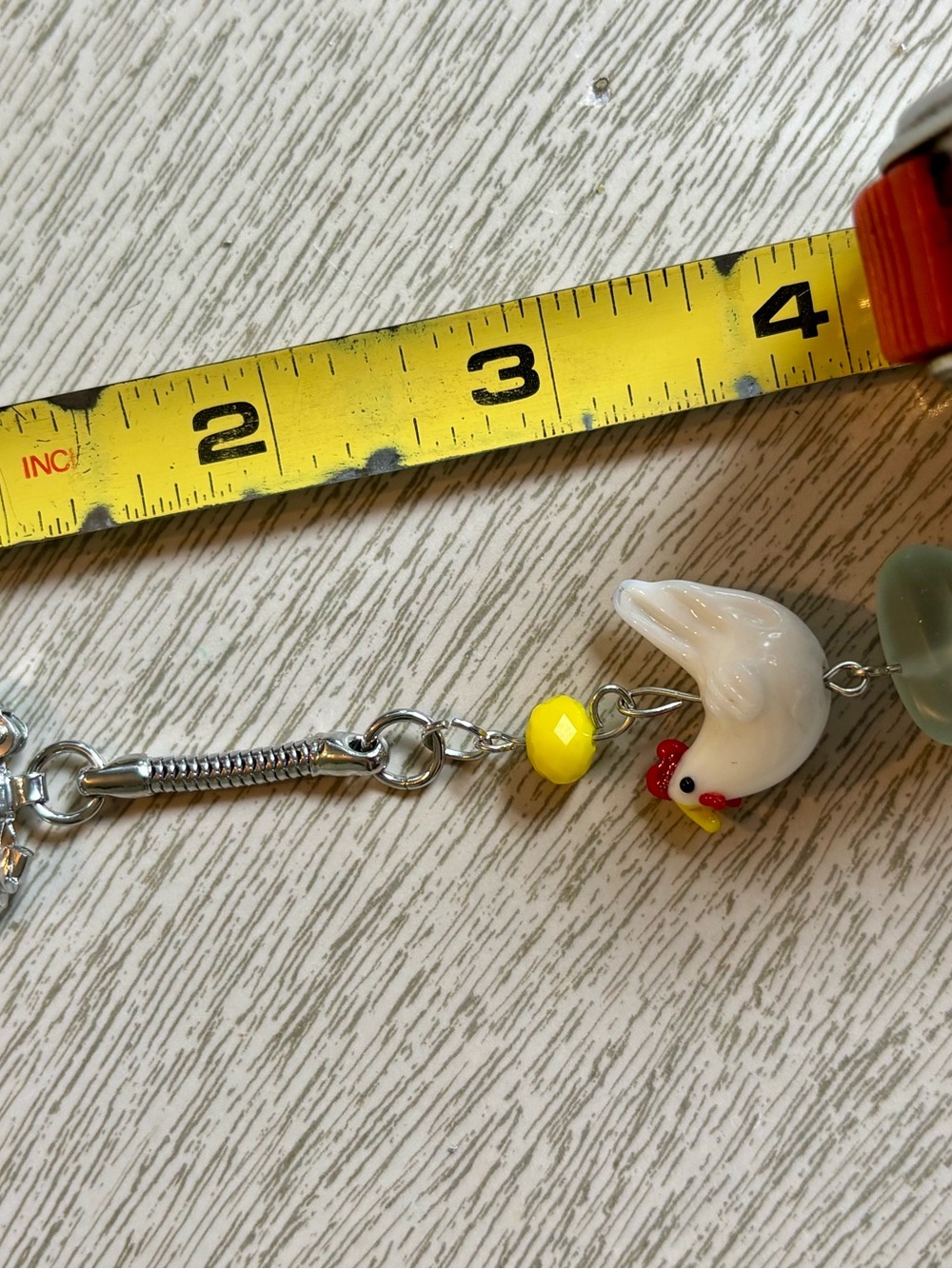 Handmade White Glass Chicken Charm Keychain with Yellow Bead